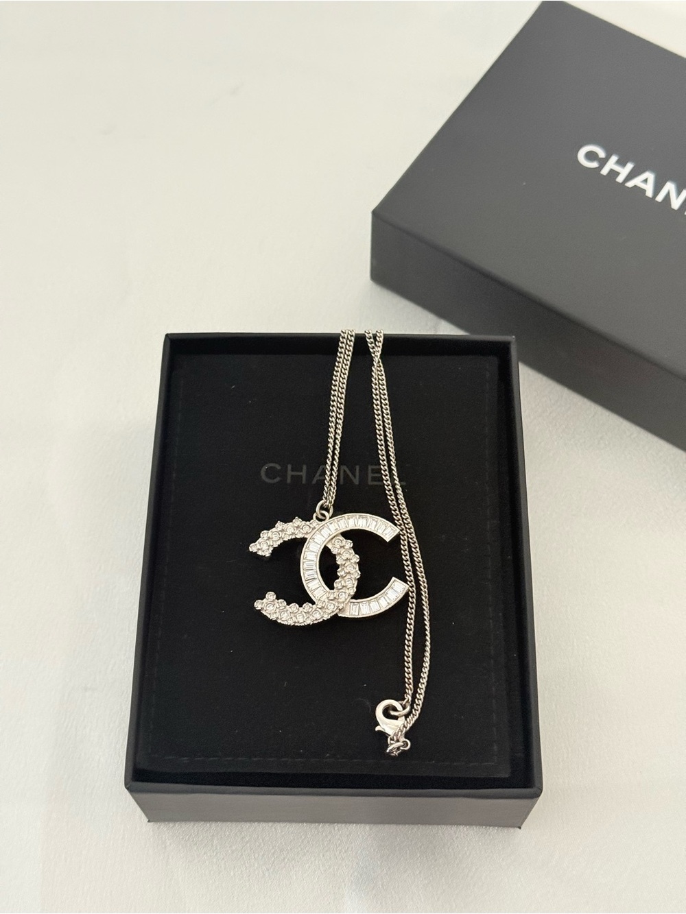 Chanel Large Silver Statement Crystal CC Pendant Necklace